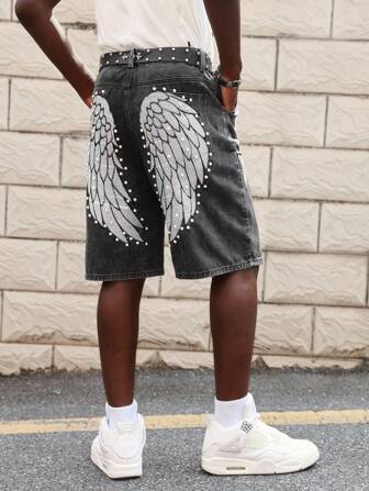 Goth Pantaloncini di jeans casual da uomo, con ricamo a forma di ala e decorazione borchiata, per l'estate