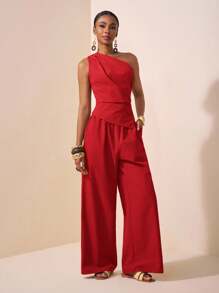 Zivah 2025 Sommer Neuer Stil Musikfestival Ostern Muttertag Hochzeit Geburtstag Party Täglicher Ausgang Grundlegend und vielseitig Lässig Internet-Star Heißer Stil Elegante Pendler Business Lässig Asymmetrischer Saum Frauen Top und Gerade Hose Khaki Frauen Zweiteiler Set Einschultrig Jumpsuit Einschultrig Roter Jumpsuit Rote Weite Bein Jumpsuit