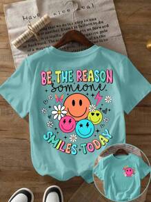 Plus Size Women Slogan & Smiling Face Print Short Sleeve Casual Round Neck T-Shirt, Summer