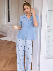 SHEIN 纯色翻领短袖上衣搭配条纹蝴蝶结裤睡衣套装