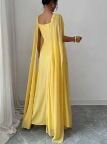 Elenzga 女士优雅纯色斗篷袖连衣裙 - 黃色 - 查看 2