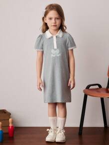 PrepCrw Vestido de manga corta hasta la rodilla con cuello a medias con bloque de colores y decoración de lazo para niñas jóvenes