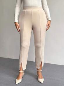 Firerie Plus Size Women Solid Color Split Hem Slim Fit Daily Office Pants Fall - Apricot - View 6