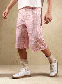 SUMWON Vintage Style Checkered Jorts Knee Length Wide Leg Retro Pattern Summer Festival Streetwear Skater Bottoms - Pink - View 1