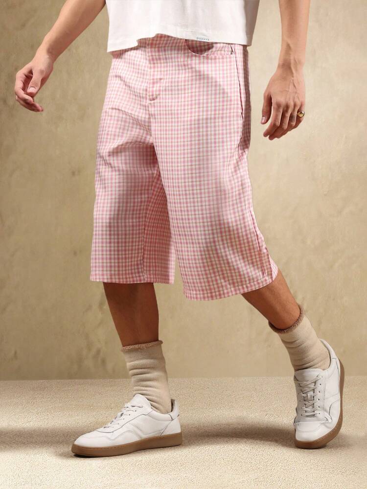 Vintage Style Checkered Knee Length Wide Leg Retro Pattern Shorts