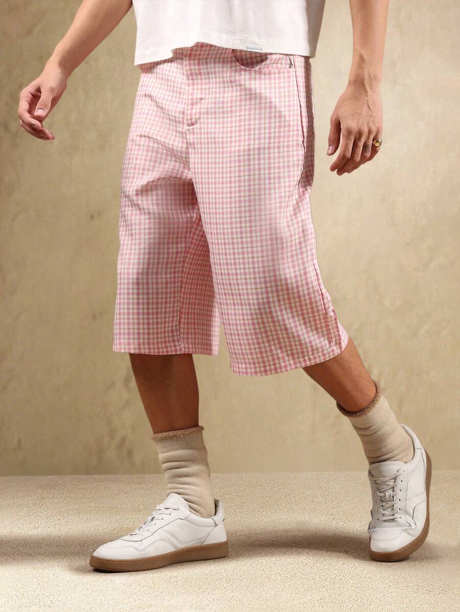 SUMWON Vintage Style Checkered Jorts Knee Length Wide Leg Retro Pattern Summer Festival Streetwear Skater Bottoms - Pink - View 1