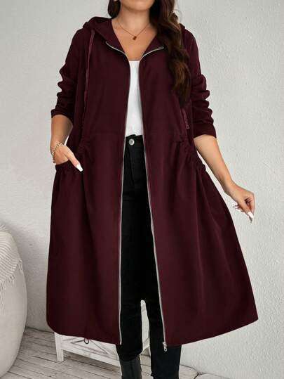 SHEIN LUNE 加大码时尚纯色连帽口袋设计中长款夹克秋季带口袋女式风衣外套冬装