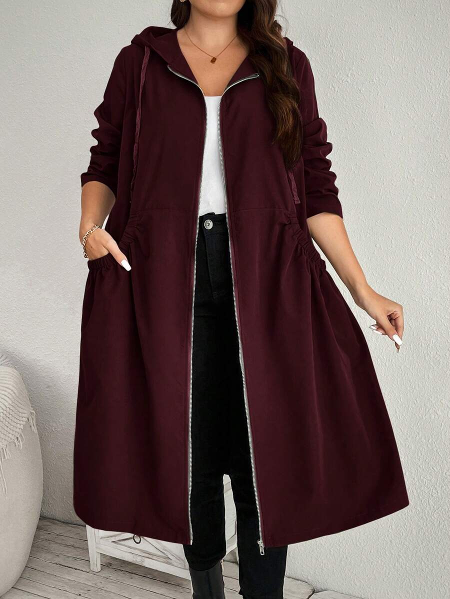 SHEIN LUNE 加大码时尚纯色连帽口袋设计中长款夹克秋季带口袋女式风衣外套冬装 - 酒紅色 - 查看 1