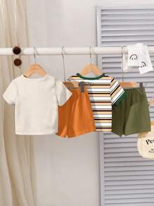 2件套儿童休闲圆领T恤和短裤套装，动物，卡通，儿童精选系列，日常基本款，快乐的孩子，柔和的色彩，骑行风格，家庭旅行，快乐的日子，我爱妈妈，我爱爸爸，可爱的家，酷酷的孩子，小男孩，适合夏天