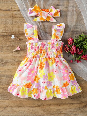 Baby Mädchen Sommerkleid mit Rüschen und Blume Muster, Flügelärmel, mit Rüschen