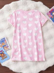GARFIELD | SHEIN 少女可爱心形卡通图案粉色甜美童趣阻燃夏季短袖睡衣裙 - 彩色 - 查看 2