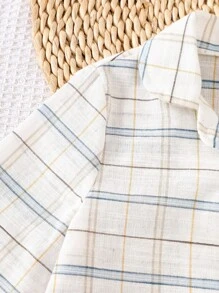 2 件套男童棉麻格子图案开衫，刺绣熊图案，舒适柔软，四季男童睡衣套装儿童睡衣套装格子睡衣套装男童睡衣套装 - 白色 - 查看 6