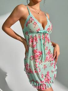 FloralLove Váy ngủ họa tiết hoa ren tương phản trang trí nơ cho nữ - màu xanh lá - Xem 5