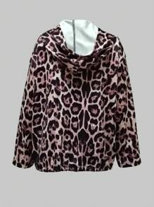 INAWLY Women Front Zipper Long Sleeve Leopard Print Minimalist Hooded Casual Jacket