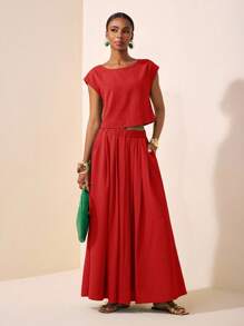 Zivah 2025 New Summer Leisure Vacation Elegant Daily Dating Beach Wear Birthday Party Round Neck Raglan Sleeves Short Sleeves Cut T-Shirt + Pleated Skirt Long Skirt Green Wave Stripe Woven Ladies Two Pieces Suit Red Crop Top And Skirt Set Red Summer Outfit Women