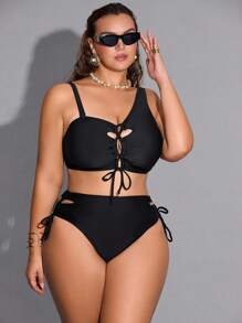 Shapewave 加大码纯色交叉带比基尼套装，度假和海滩 - 黑色 - 查看 5