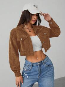 SHEIN PETITE Spring Drop Shoulder Flap Detail Crop Corduroy Jacket In Fall/Winter - Brown - View 7