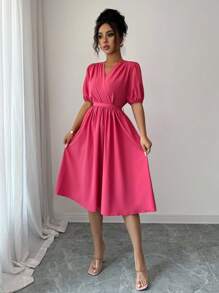 Elenzga Solid Color V-Neck Cross Wrap Elegant Short Sleeve Summer Dress
