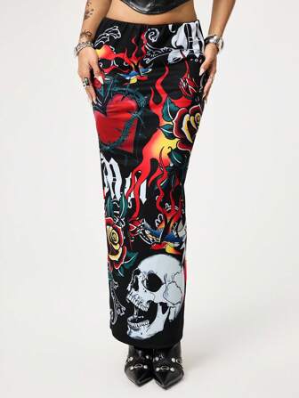ROMWE Avant Y2K Retro Baddie Style Skeleton, Heart, Flame Print Women Mini Skirt