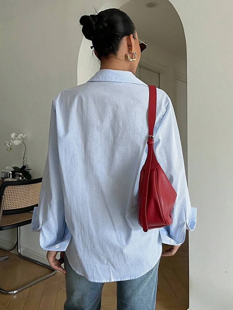 DAZY Camicia a maniche lunghe a righe da donna, alla moda e adatta per l'estate e l'autunno - celeste - Visualizzare 2