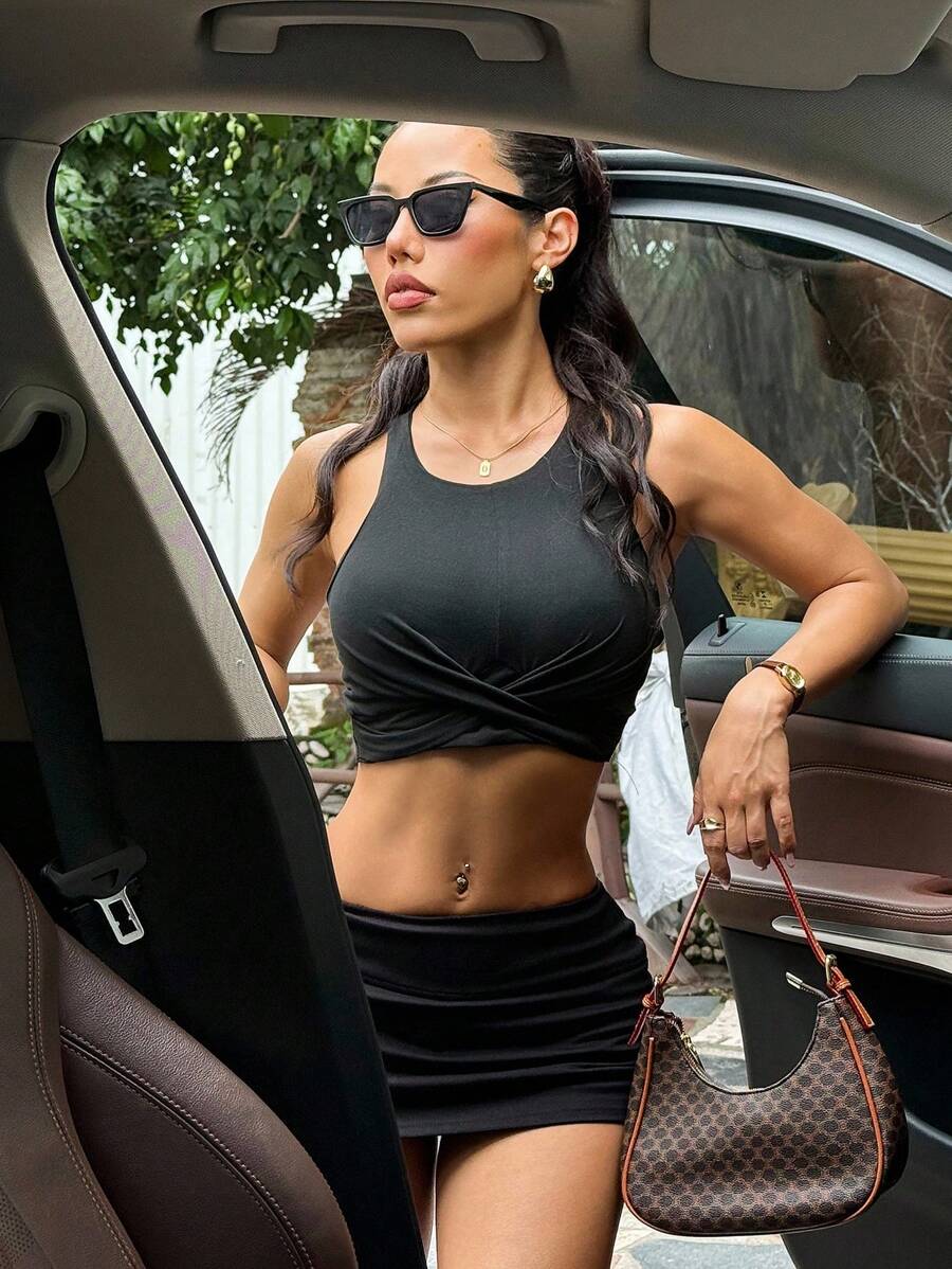 Dewbera Áo ba lỗ tập yoga thể thao ngoài trời thiết kế xoắn dành cho nữ - màu đen - Xem 1