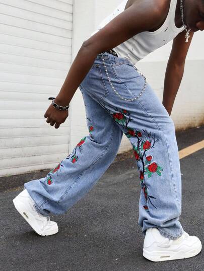 Street Life Jeans casual da uomo con tasche e ricamo floreale alla moda