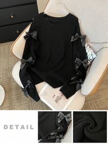 SHEIN 少女纯色圆领插肩袖长袖蝴蝶结装饰毛衣 - 黑色 - 查看 3