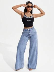 SHEIN PETITE 女式高腰阔腿宽松休闲牛仔裤，带口袋