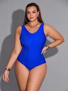 Shapewave 大码女式纯色交叉后背连体泳衣 - 藍色 - 查看 3