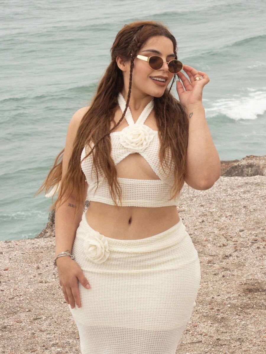 Lupita Cardoza Top halter flor estéreo & Falda de muslo con abertura - Beis - Ver 1