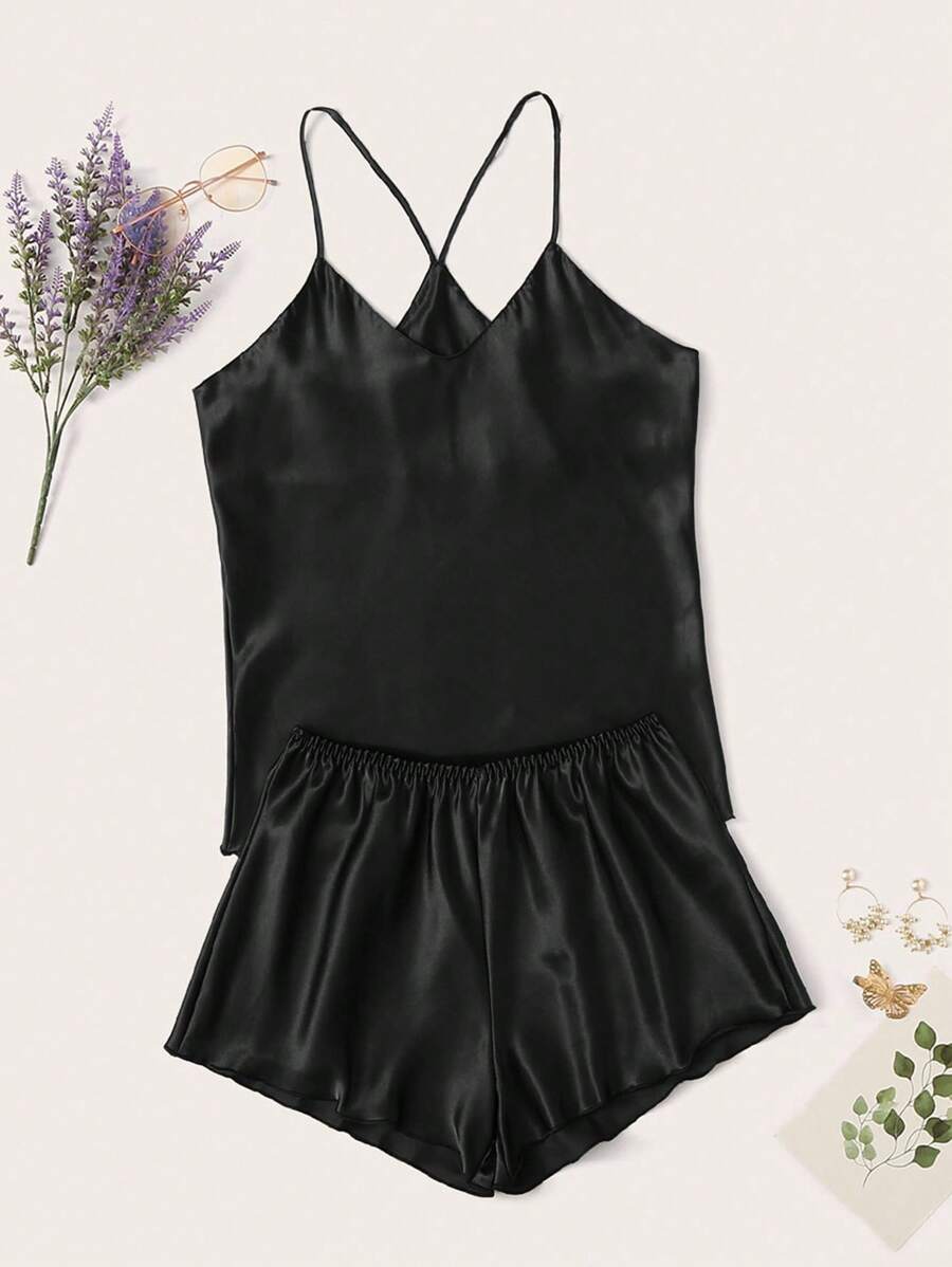 SilkySpell Satin Cami Top With Shorts PJ Set / Pajama Set - Black - View 1