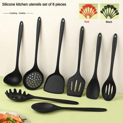 Juego de cocina de silicona para el hogar de 8 piezas, que incluye espátula china, cucharón, escurridor, sartén, cuchara para sopa, servidor de pasta, pinzas para ensalada y cucharón para miel, disponible en colores rojo y negro