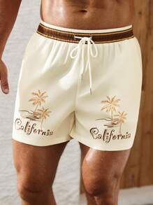 Manfinity KASUA 男士夏季度假椰子树和字母印花抽绳腰沙滩短裤