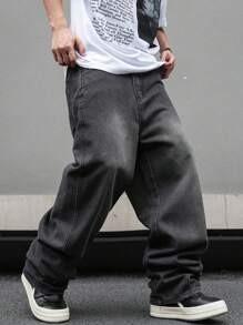 Manfinity EMRG Quần ống đứng màu đen ombre kiểu dáng đơn giản, cổ điển, thiết thực dành cho nam cỡ lớn, phù hợp với mọi mùa, quần jeans ống rộng thời trang dạo phố cho nam - màu đen - Xem 1