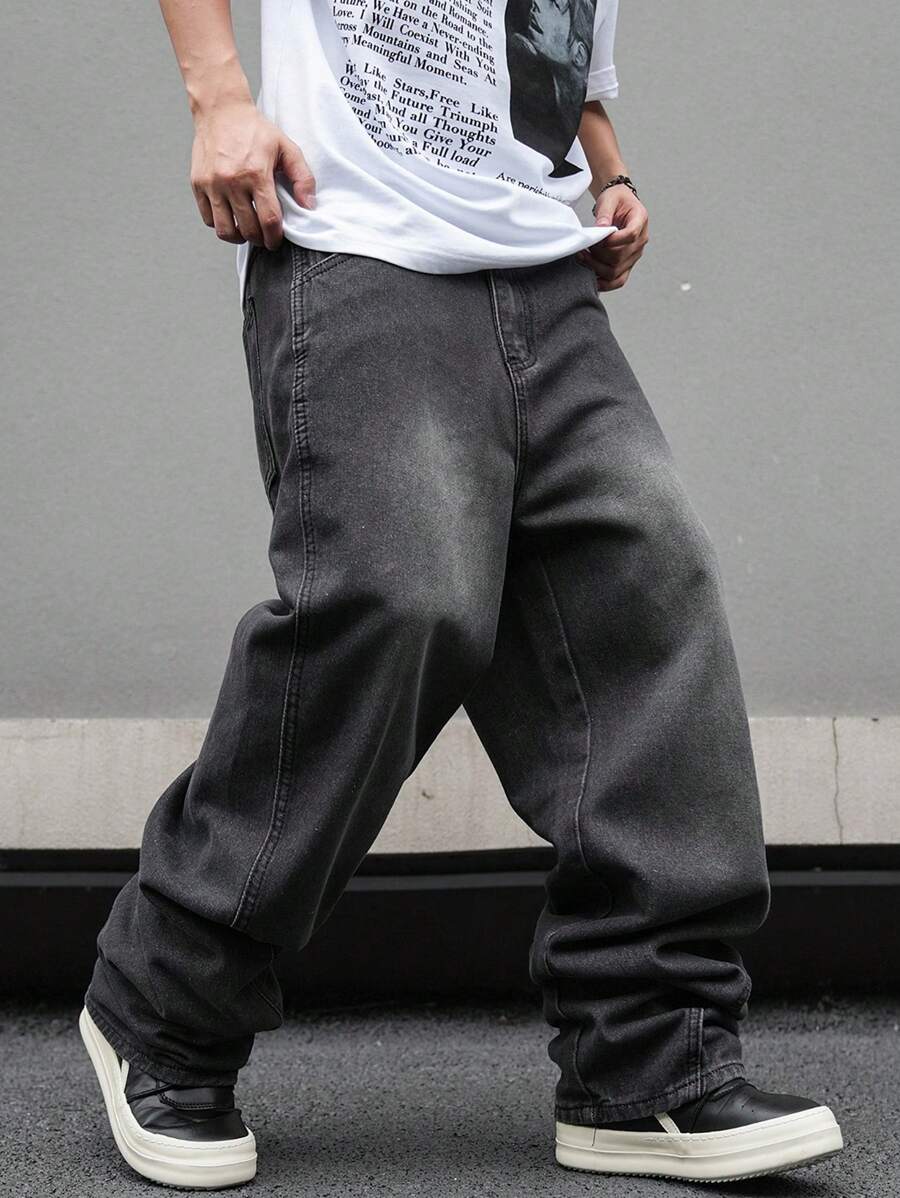 Manfinity EMRG Quần ống đứng màu đen ombre kiểu dáng đơn giản, cổ điển, thiết thực dành cho nam cỡ lớn, phù hợp với mọi mùa, quần jeans ống rộng thời trang dạo phố cho nam - màu đen - Xem 1