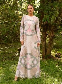 Sunsella Vestito lungo elegante da donna per estate, vacanza, in chiffon, a stampa, aderente, a maniche lunghe, a linea A, per occasioni speciali