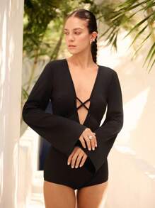 Sunsella الجسم ذو الأكمام الطويلة المنسدلة بأربطة على شكل صليب للنساء في الصيف، ملابس علوية بأشرطة متقاطعة ،ملابس علوية أسود أكمام طويلة، ملابس للمنتجع والعطلات ، الأموال القديمة - الأسود - مشاهدة 7