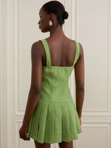 Aveloria Rosie 女士绿色粗花呢方领无袖腰部拼接褶皱不对称水晶装饰纽扣连衣裙