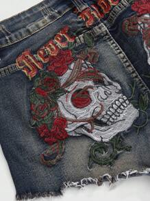 ROMWE Grunge Punk Pantalones cortos vaqueros de talla grande con aspecto vintage bordados con calavera y enredadera de rosas, estilo Y2K - Azul - Ver 4