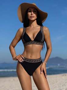 Carolina Barros Geometric Print Two-Piece Bikini Set, Summer Beach - Black - View 6