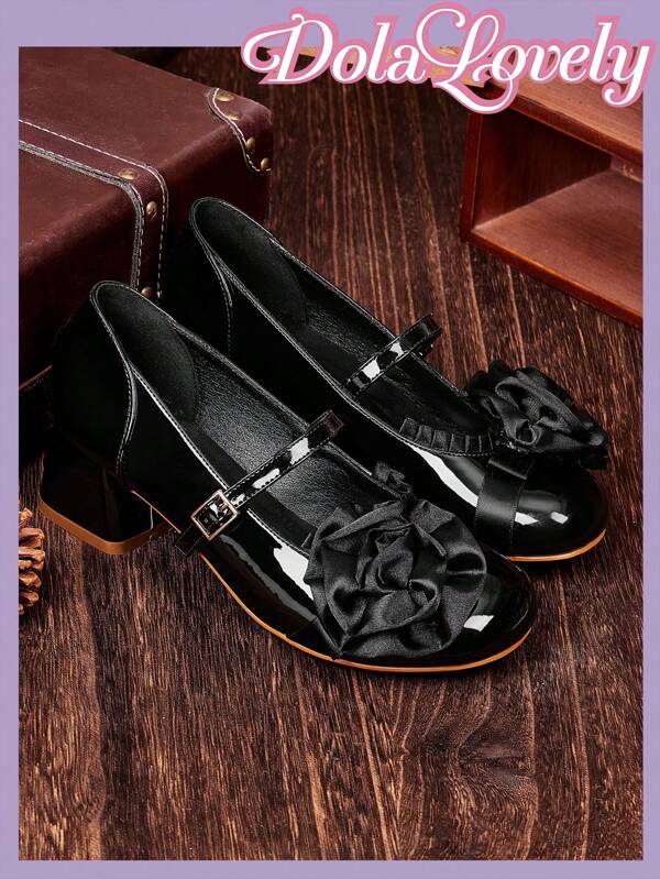 Dola Lovely Women's Bowknot Round Toe Mary Jane Shoes, Buckle Closure Chunky Heel Formal Pumps, Fashionable White Everyday Shoes
