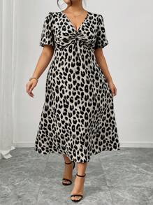 Firerie Plus Size Fall Vintage Leopard Print Short Sleeve Kink Cinched Waist Dress - Grey - View 4