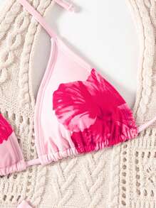 Swim Mod 女士夏季新款性感吊带低腰三角比基尼泳装套装带图案印花 - 粉色 - 查看 4