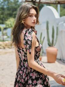 DAZY 女式全身花卉印花系带短裙，粉色，适合假日、海滩、春夏季、挤奶女工裙、迷你裙