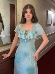 Elenzga 春夏度假蝴蝶结领口网纱印花荷叶边下摆高腰A字中长连衣裙，优雅 - 淡綠 - 查看 1