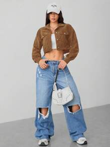 SHEIN PETITE Spring Drop Shoulder Flap Detail Crop Corduroy Jacket In Fall/Winter - Brown - View 3