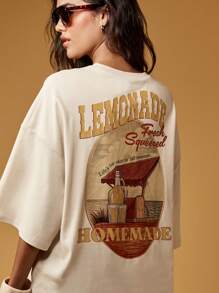 MISSGUIDED 复古夏季柠檬水摊超大图案 T 恤复古海滩休闲宽松棉质短袖 T 恤 - 杏色 - 查看 6