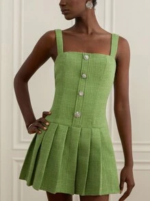 Aveloria Rosie 女士绿色粗花呢方领无袖腰部拼接褶皱不对称水晶装饰纽扣连衣裙