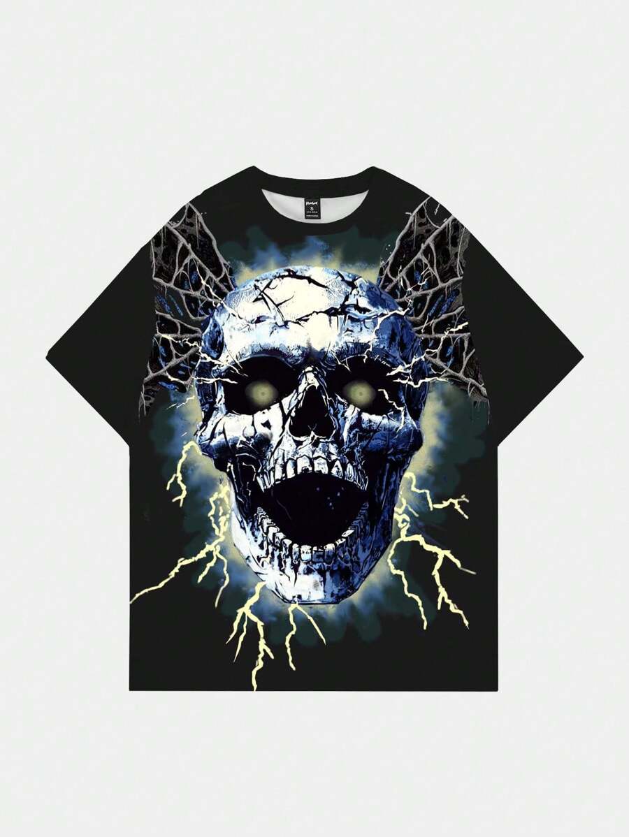 ROMWE MEN Street Life Camiseta de manga corta de cuello redondo con estampado de calavera para hombre, verano