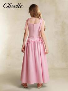 2pcs/Set Tween Girl Solid Color Camisole And Pleated Midi Skirt Set, Summer - Pink - View 2
